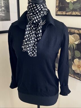 Black Collared Long Sleeve Merino Wool Sweater with Polka Dot Scarf